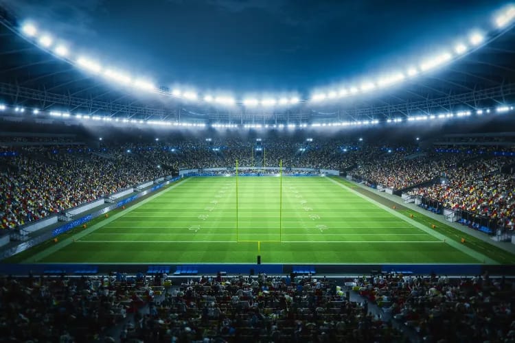 A packed sports stadium with fans scanning mobile tickets at entry gates