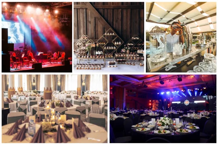 Collage of linens, florals, lighting, furniture, and branded backdrops for events