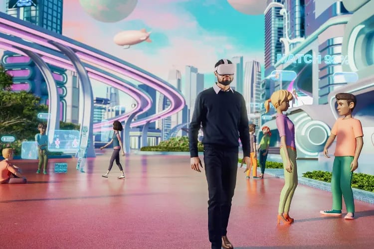 Trade show attendee wearing a VR headset experiencing a virtual tour at a booth