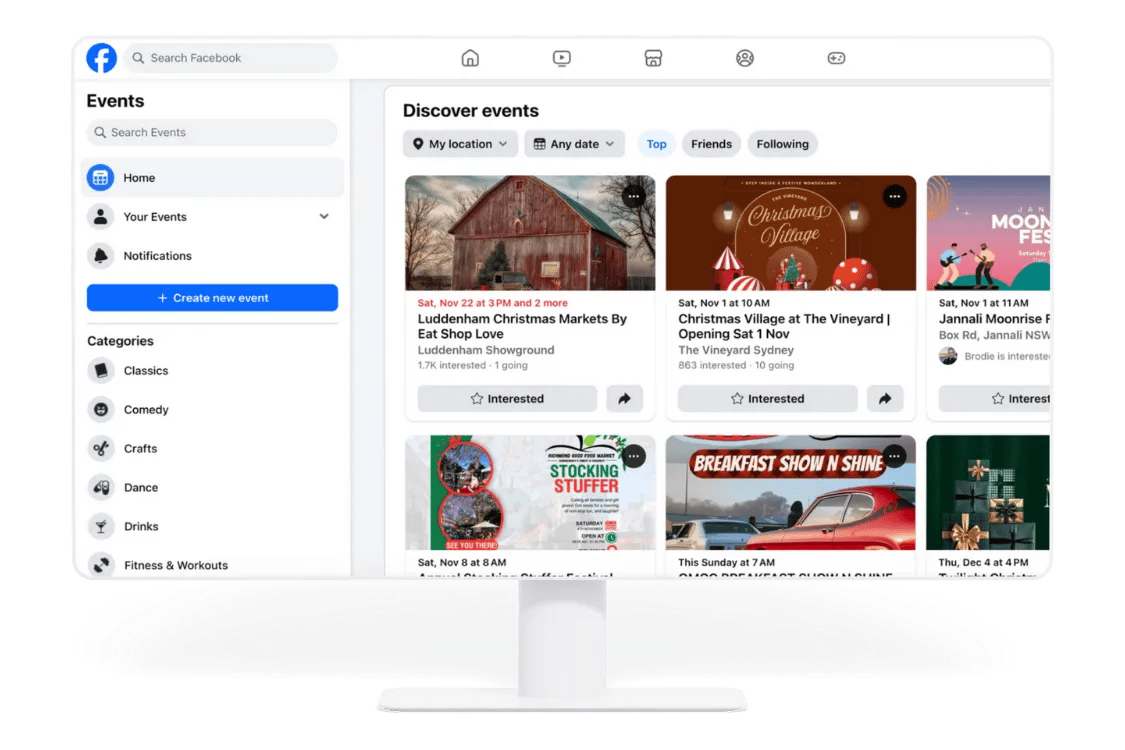 Screenshot showing where to find the Events tool on a Facebook Page.