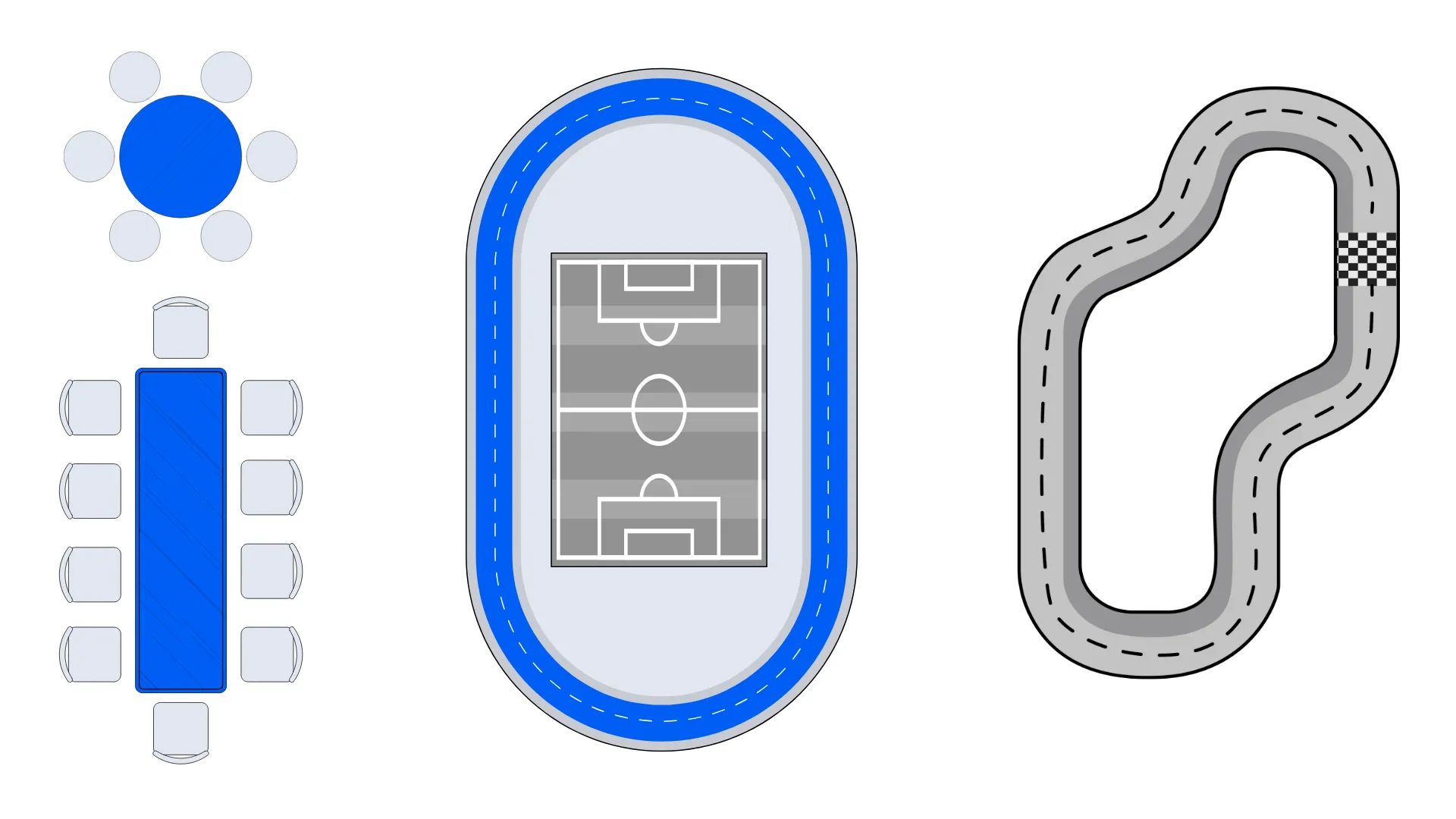 Illustrated overview of theater, classroom, banquet, cabaret, and U-shape seating arrangements