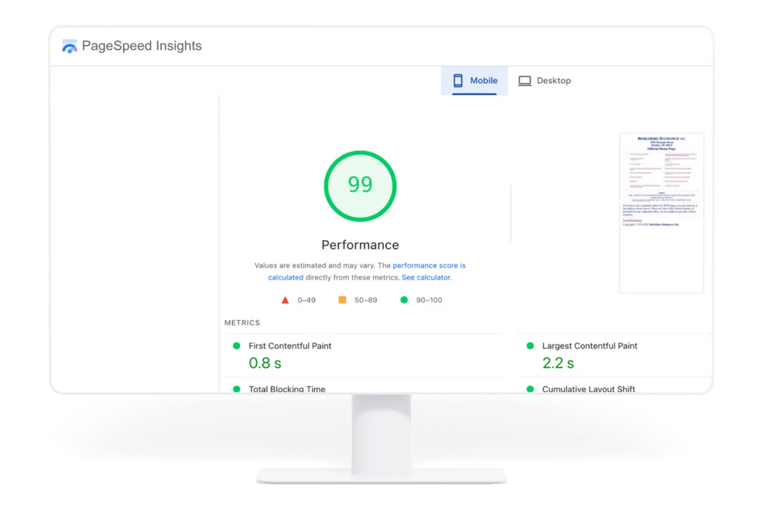 A preview of google page speed insights of a website