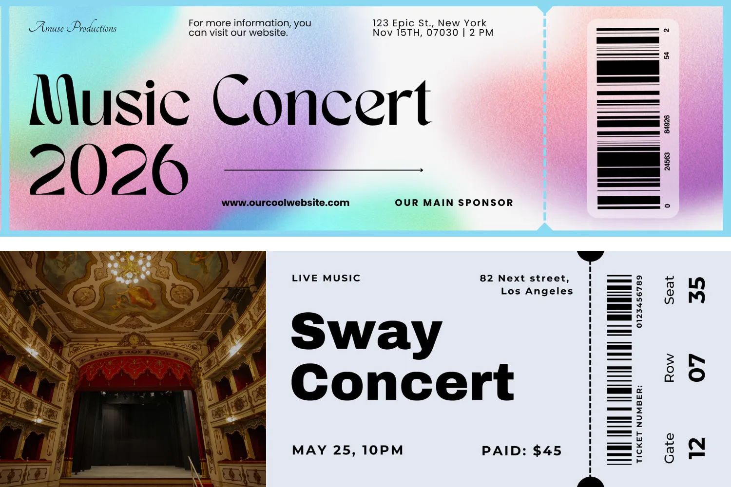 2 Examples of Tickets designs for a music concert