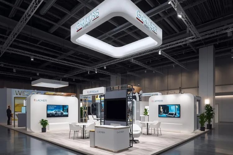 3D rendering of a trade show booth with clear sightlines, branded headers, and demo stations.