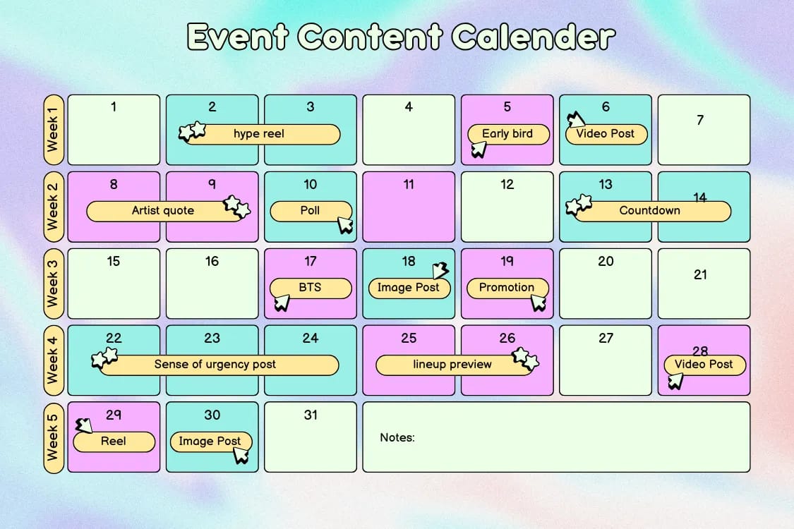 Social media content calendar example for an event campaign