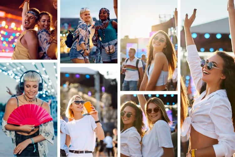 A collage of photos of attendees and influencers in a music festival