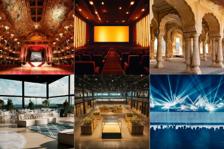 A collage of different types of event venues