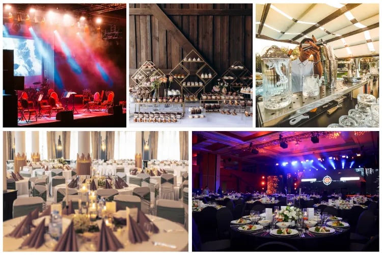 Collage of linens, florals, lighting, furniture, and branded backdrops for events
