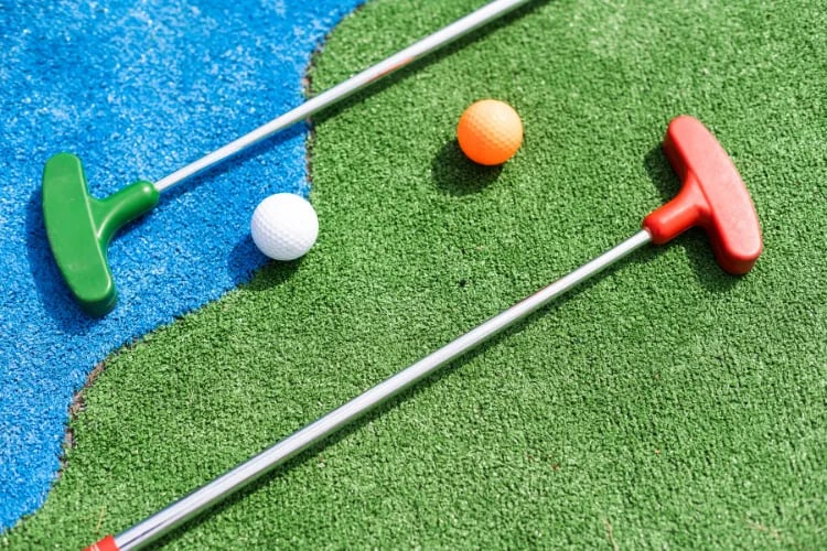 2 Mini golf clubs and 2 balls at a Trade show