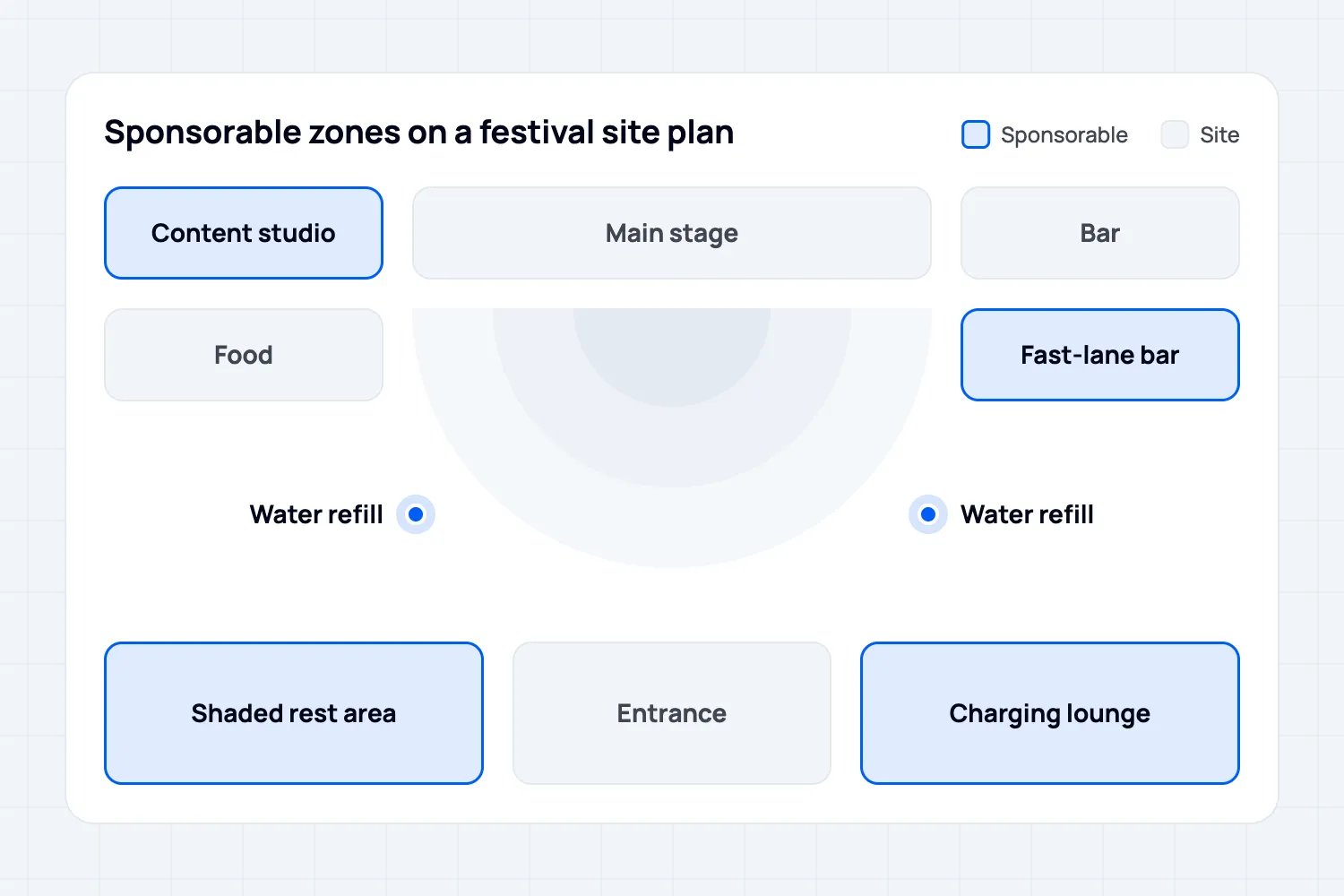Site plan of a festival with sponsorable zones marked: charging lounge, water refill points, shaded rest area, fast-lane bar and content studio