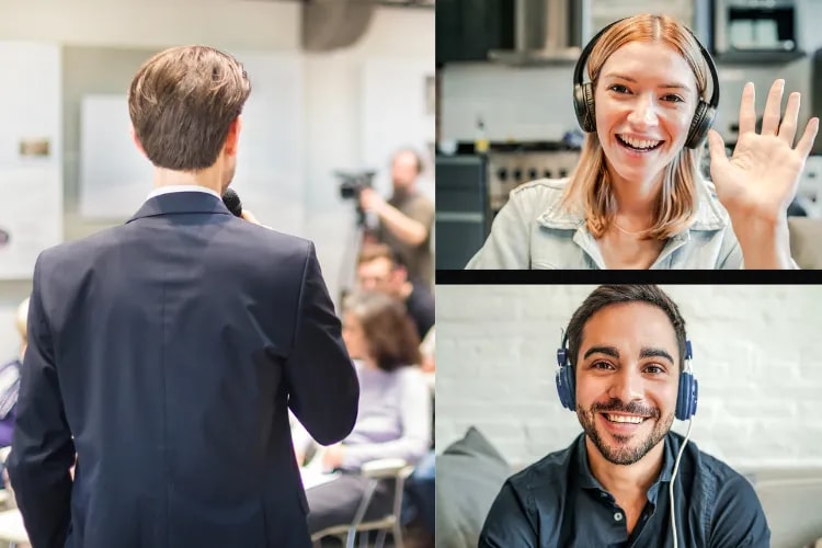 Presenter on stage engaging in-person and virtual attendees using live polling and Q&A.