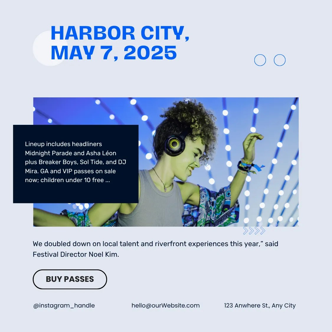 Example layout of a music festival press release featuring a lineup list and call-to-action button.