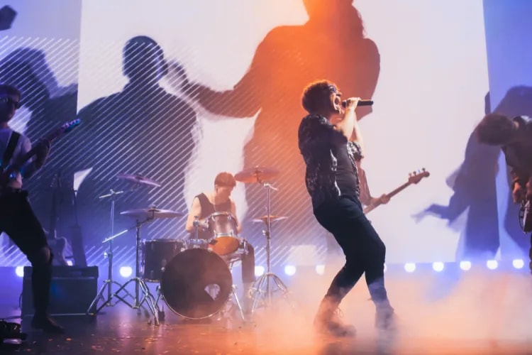 A popular pop band performing on stage