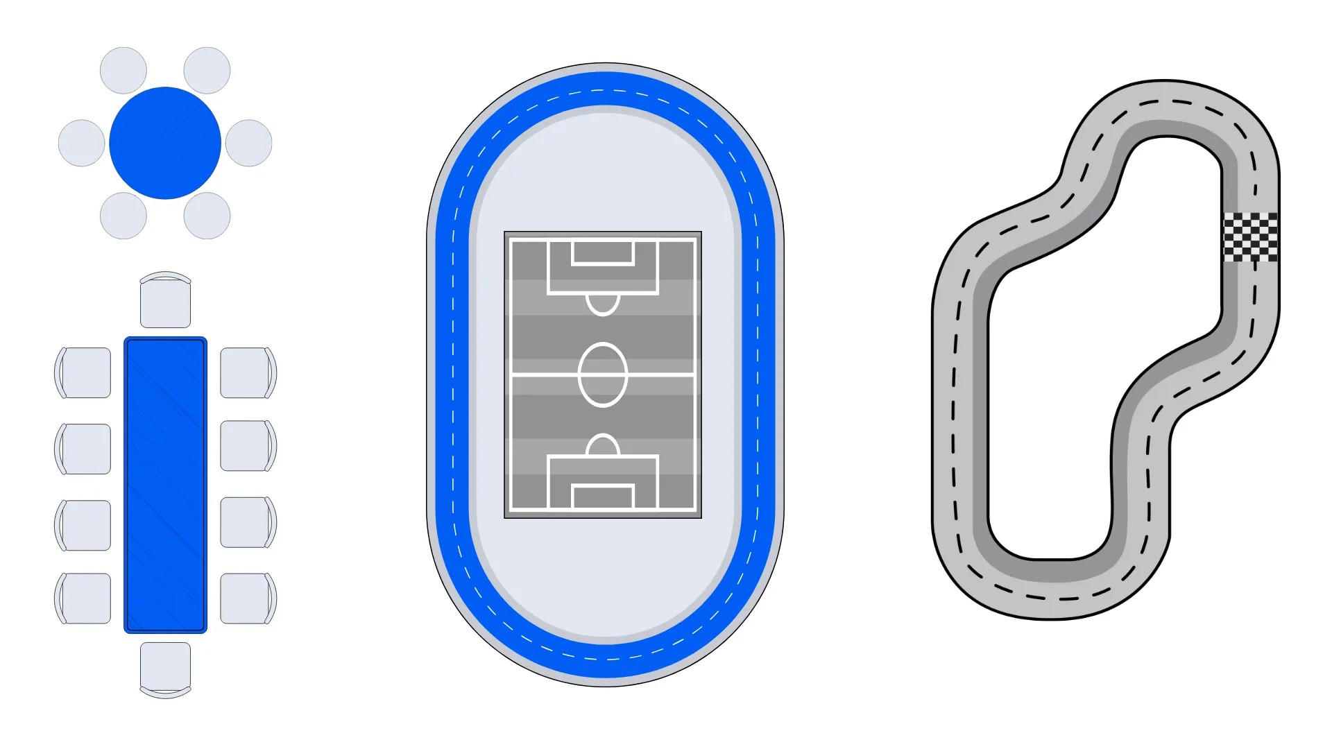 Illustrated overview of theater, classroom, banquet, cabaret, and U-shape seating arrangements
