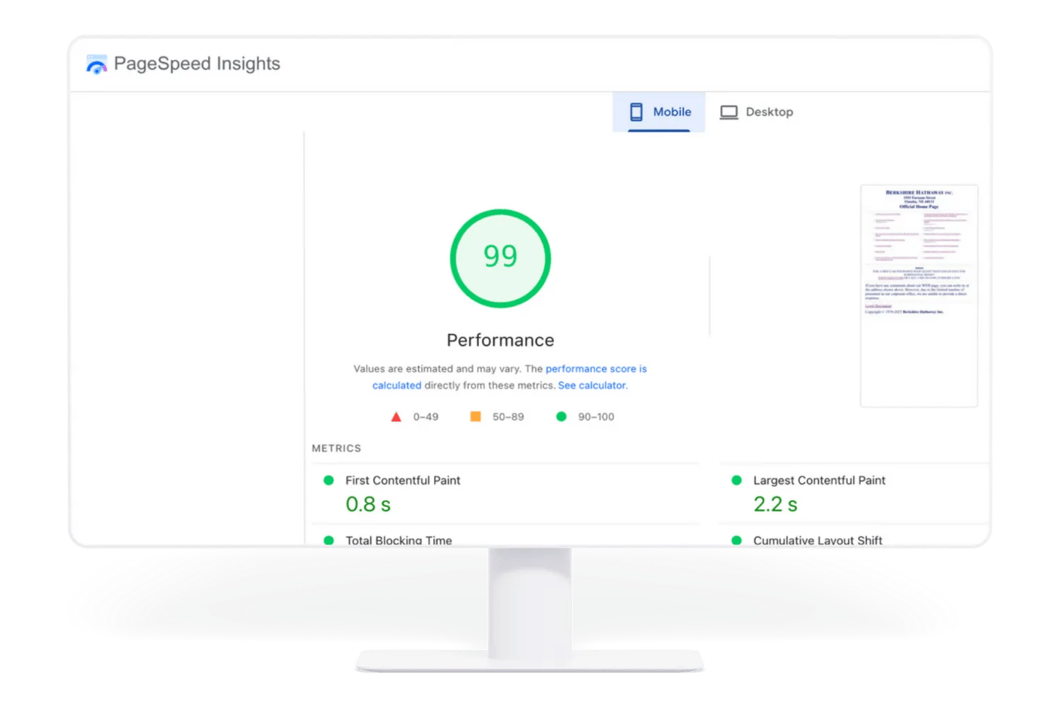 A preview of google page speed insights of a website