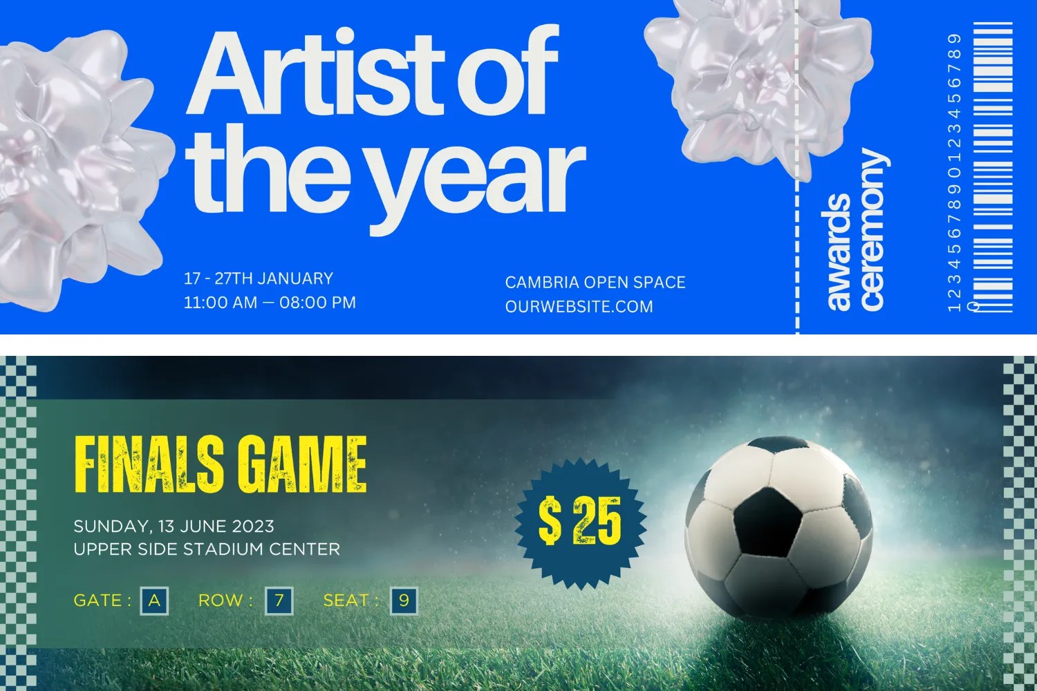 2 Ticket design examples for an Art show and a Soccer game