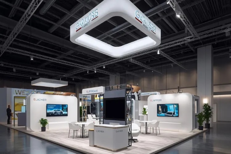 3D rendering of a trade show booth with clear sightlines, branded headers, and demo stations.