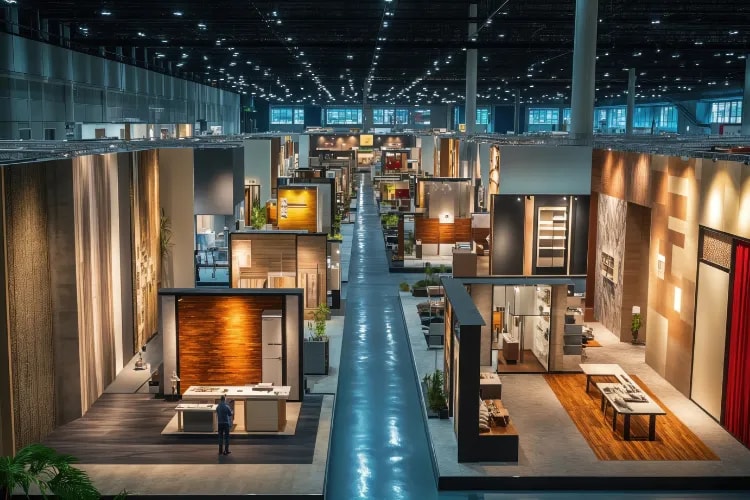 A zoom out view of a trade show showing multiple booths